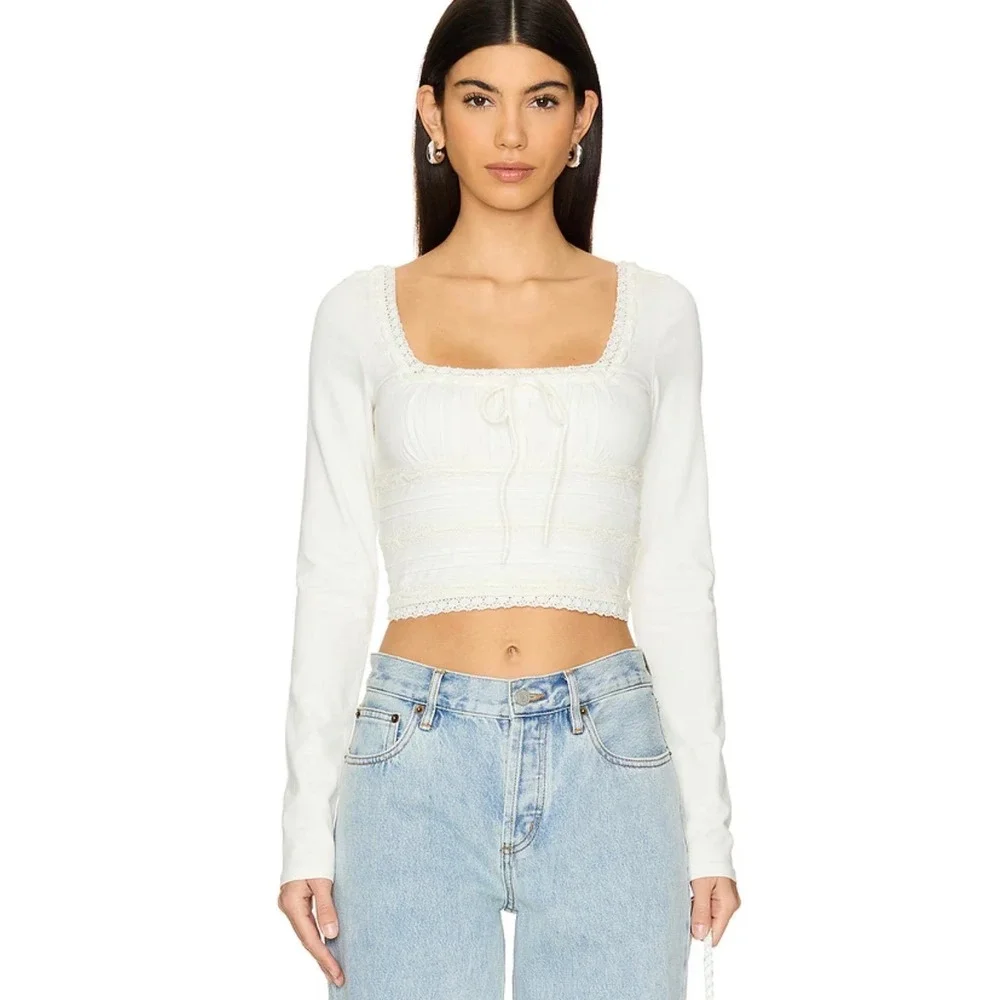 Free People Ivory Lace Trim Square Neck Scarlet Smocked Crop Top Size Small NEW